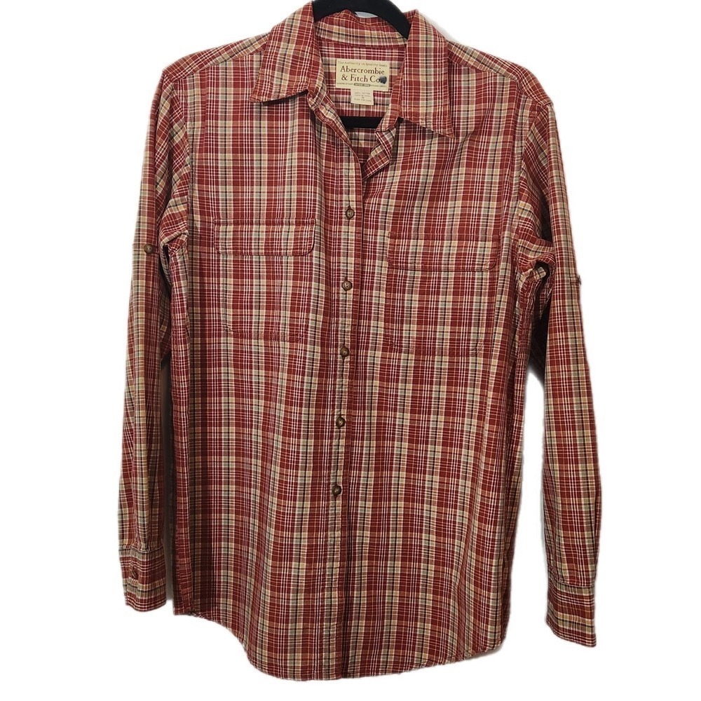 Abercrombie Fitch Co Women's‎ Small Red Cotton Long Sleeve Collar Button Plaid